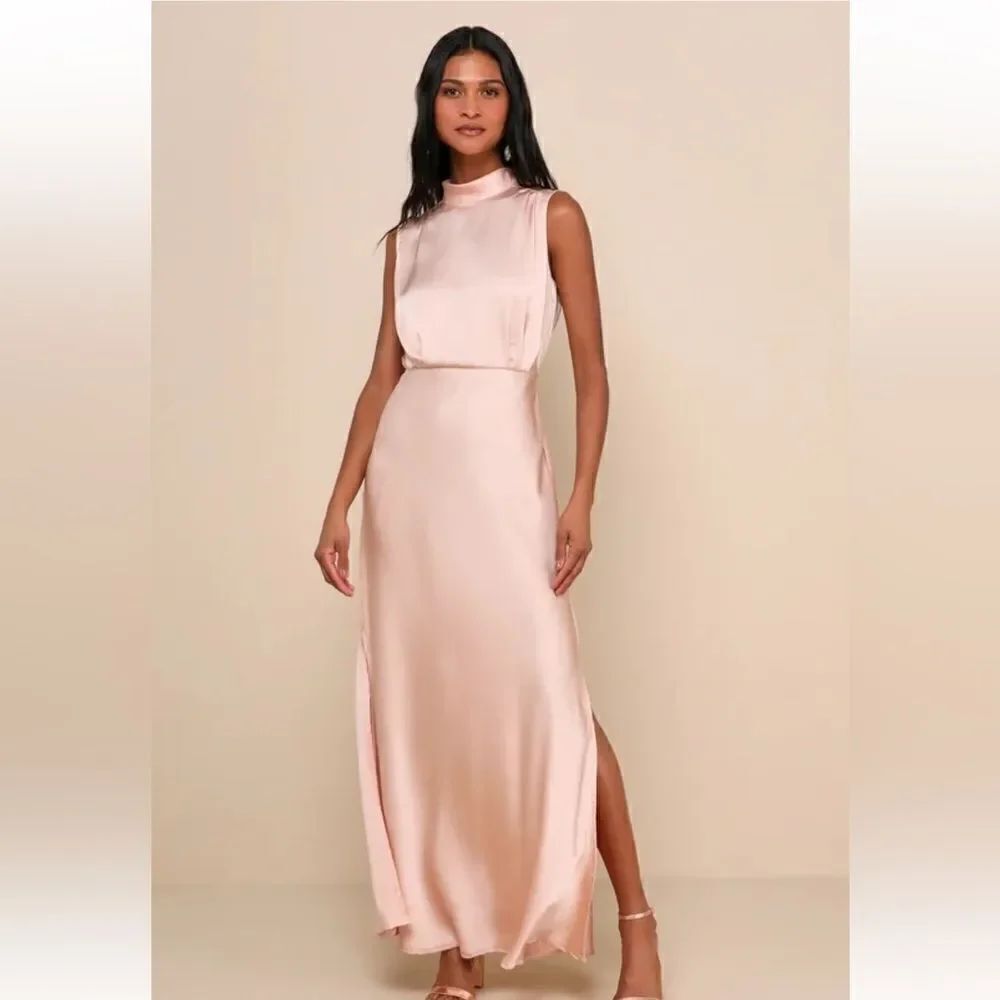 Lulus Classic Elegance Blush Satin Sleeveless Mock Neck Maxi Dress size XS